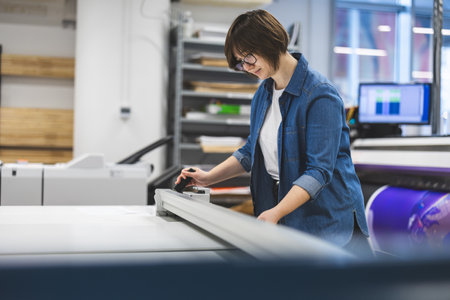 Young woman working in a printing studio. She is using a laser printer.の写真素材
