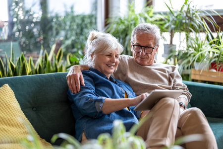 happy senior couple using digital tablet while sitting on sofa in living roomの写真素材