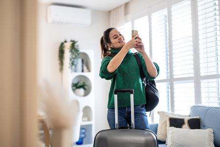 Young woman with luggage taking selfie on smartphone in living room at homeの写真素材