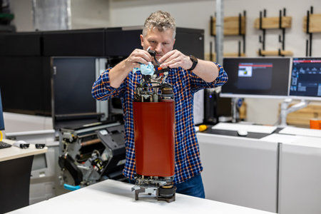 Caucasian man working on a 3D printer in a laboratoryの写真素材