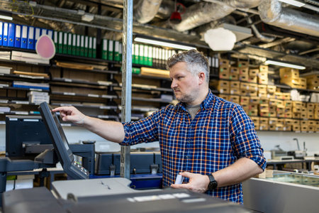 Portrait of mature man working on photocopier machine in factoryの写真素材