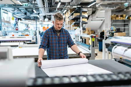 young man architect working with blueprint at modern office furniture manufacturing factory.の写真素材