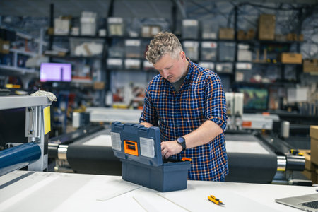 Portrait of a Caucasian male worker using a 3D printer in a factoryの写真素材