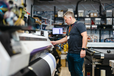 Man working on a printing machine in a printing shop. Man working on a printing machine.