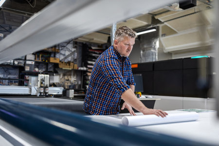 Side view of mature male engineer working on blueprints while standing in factoryの写真素材