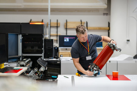 Portrait of a young technician working on a 3D printer in a workshopの写真素材
