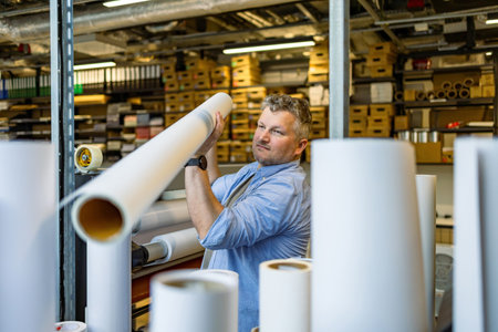 Mid adult male worker looking at rolls of paper in a printing factoryの写真素材