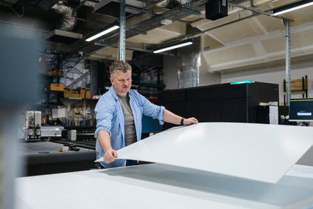 Mid adult man cutting sheet of paper in a furniture factory. This is a 3d render illustrationの写真素材