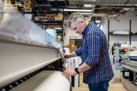 Man working with a printing machine in a printing workshop. Selective focus.の写真素材