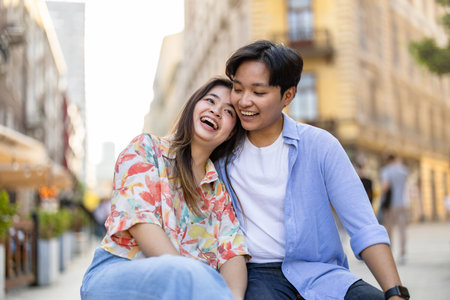 Happy asian couple sitting on bench in the street and looking at cameraの写真素材