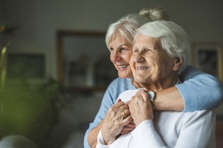 Portrait of happy senior woman and her daughter hugging at home.の写真素材