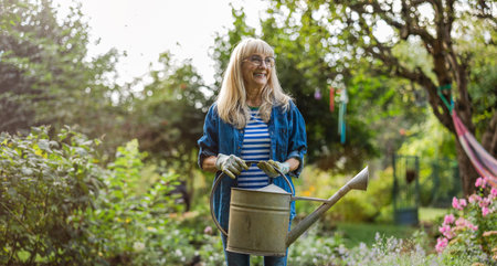 Portrait of smiling senior woman watering plants in the garden at homeの写真素材