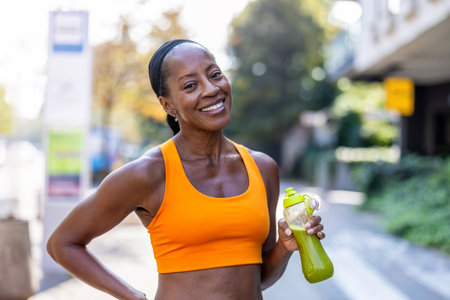 Portrait of happy african american woman with bottle of water in cityの写真素材