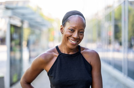 Portrait of smiling african american woman in sports clothing outdoorsの写真素材