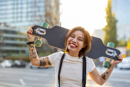 Young hipster woman with longboard in the city. Outdoor lifestyle portraitの写真素材