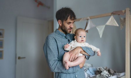 Young father playing with his newborn baby at homeの写真素材