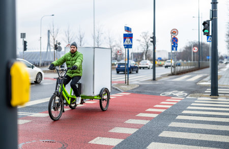 Young man in a green jacket riding a bicycle on a city streetの写真素材