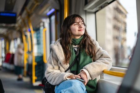 Young woman in a subway car. Portrait of a girl in a public transport.の写真素材