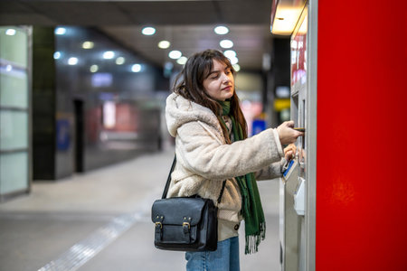 Woman use of automatic ticket machine at subway stationの写真素材