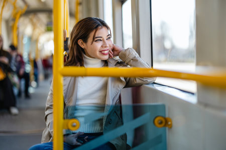 Young woman riding a busの写真素材