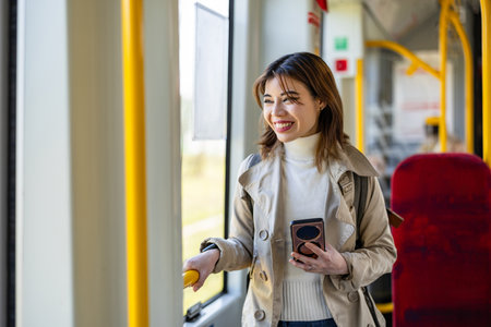 Portrait of a smiling young woman using mobile phone in a public transportの写真素材
