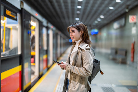 Young woman using mobile phone at train stationの写真素材