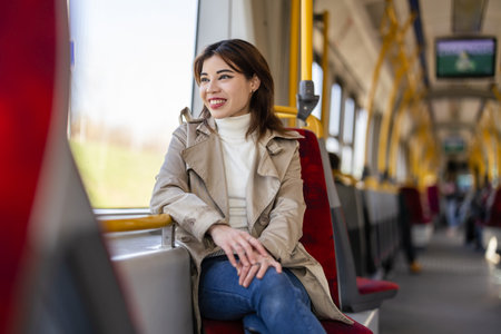 Young woman sitting on the bus.の写真素材