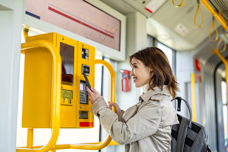 Young woman using a public transport ticket vending machine in the city.の写真素材