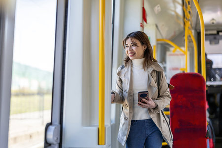 Portrait of a young woman using mobile phone while standing in the trainの写真素材