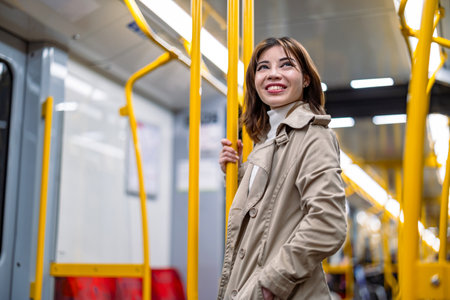 Young woman in beige trench coat standing in a subway car and smilingの写真素材