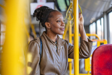 Portrait of a young black woman standing in a bus and looking awayの写真素材