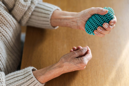 Elderly woman taking a pill with a glass of water.の写真素材