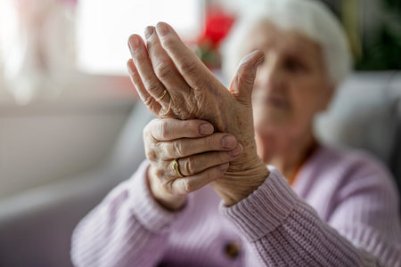 Close up of senior woman holding her hands. Focus on hands.の写真素材