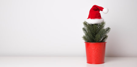 Minimalistic banner with santa hat on cute little christmas tree in red bucket.Banner with place for text.の写真素材