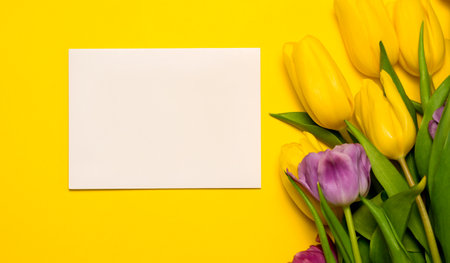 Greeting card mockup with colorful tulips. Easter,mother's day,women's day etc.Top viewの写真素材