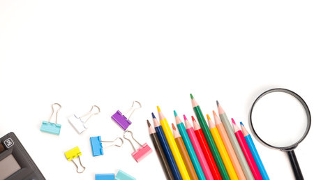 office supplies on white background with copy space. Back to school concept.