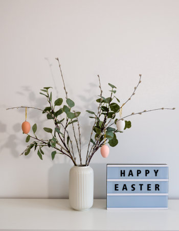 Happy easter minimalistic background with home decorationsの写真素材