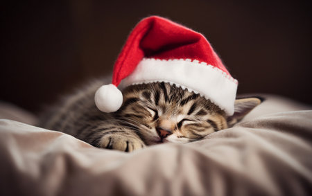 Cute sleeping tabby kitten in santa hatの素材