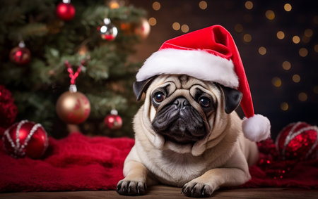 Adorable pugs in santa hat.Christmas bannerの素材