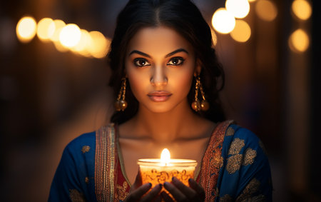 closeup portrait of beautiful Indian woman holding diyas or clay lamps during Diwali in India.の素材