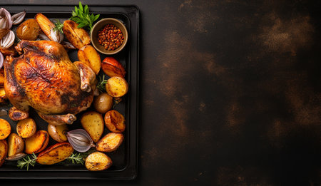 thanksgiving flat lay with roasted turkey with potato and onions. traditional food. copy space bannerの素材