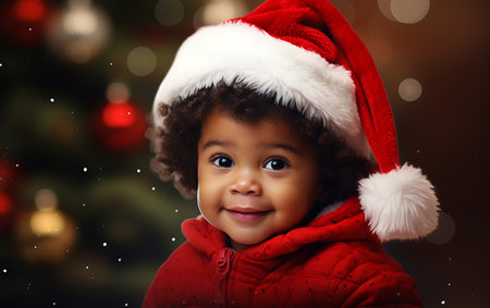 African American little boy wearing red Santa against christmas tree background. Copy space bannerの素材
