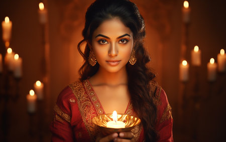 Indian woman holding diyas or clay lamps during Diwali in India.の素材