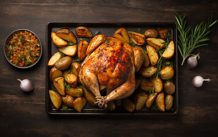 Roasted turkey with potatoes in baking tray with rosemary,garlic,and seasoning. Dark background.の素材