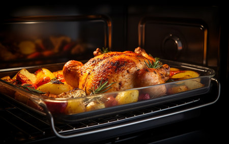 Golden roasted turkey with potatoes and seasoning in baking oven.thanksgiving,christmas dinnerの素材