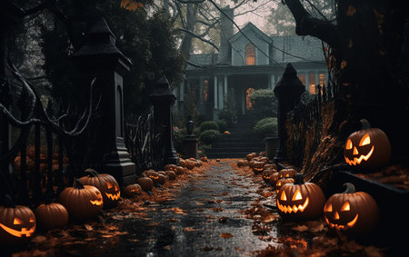 Dark,spooky halloween alley decorated with jack-o-lanternsの素材