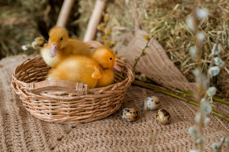 Easter concept. Ducklings in easter basket with eggs beside in natural colors.の写真素材