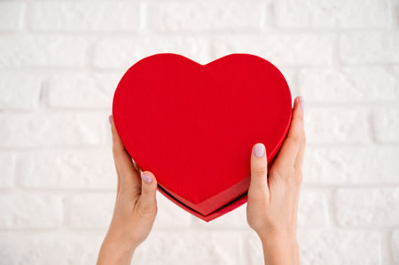 Closeup of a heart shaped gift with in hands with place for text. Valentine's,birthday,anniversary etcの写真素材