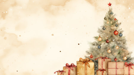 Watercolor christmas card with christmas tree and gifts with copy space.の素材
