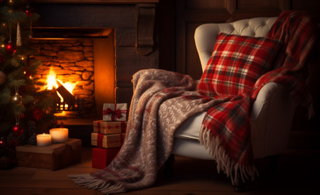 Christmas living room interior with decorated fireplace, armchair,xmas tree and candlesの素材